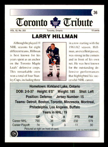 1992 Ultimate #036 Larry Hillman Maple Leafs Signed Autographed 558056