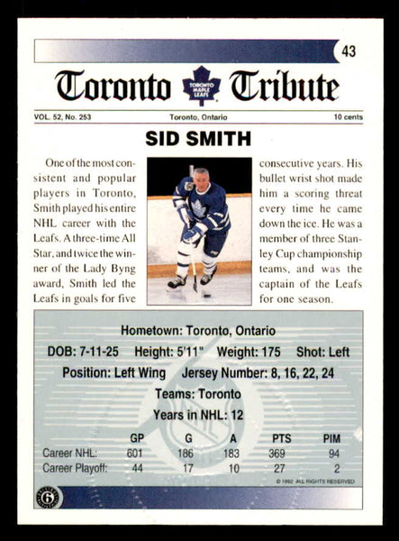 1992 Ultimate #043 Sid Smith Maple Leafs Signed Autographed 558061