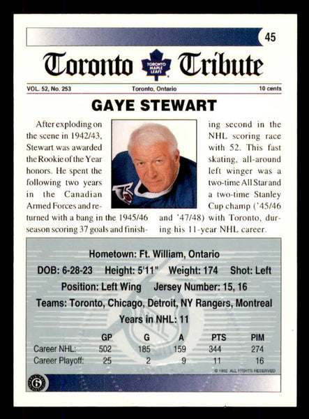 1992 Ultimate #045 Gaye Stewart Maple Leafs Signed Autographed 558063