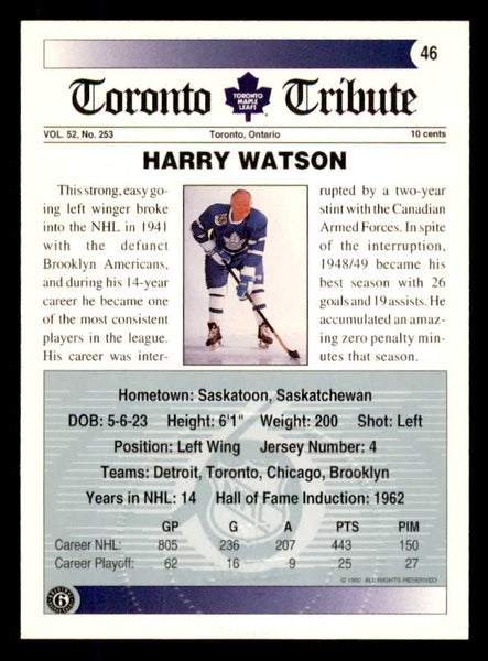 1992 Ultimate #046 Harry Watson Maple Leafs Signed Autographed 558064
