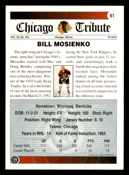 1992 Ultimate #061 Bill Mosienko Black Hawks Signed Autographed 558076