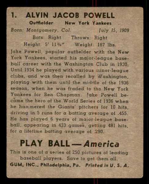 1939 Play Ball #001 Jake Powell Yankees VG 558091