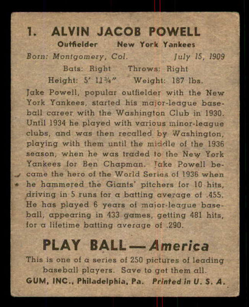 1939 Play Ball #001 Jake Powell Yankees PR-FR 558092