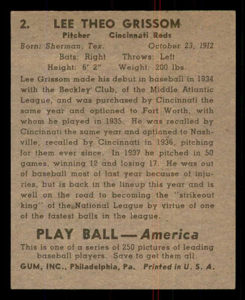 1939 Play Ball #002 Lee Grissom Reds EX-MT 558093