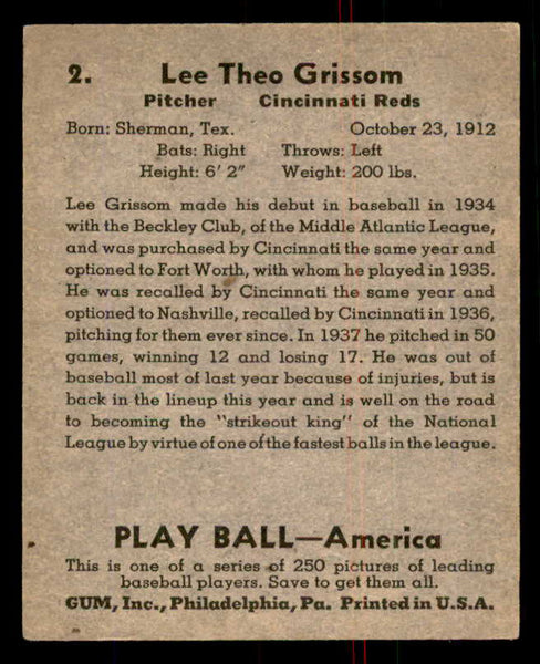 1939 Play Ball #002 Lee Grissom Reds VG-EX 558094