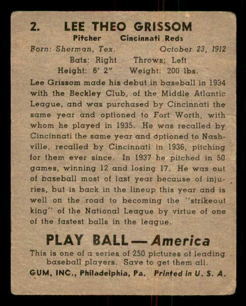 1939 Play Ball #002 Lee Grissom Reds Good 558095