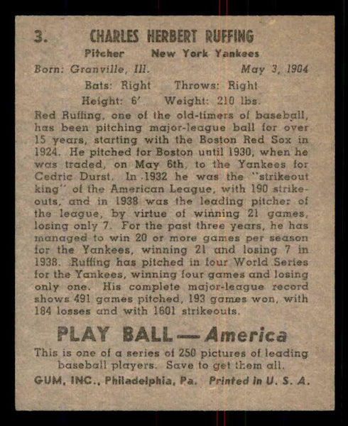 1939 Play Ball #003 Red Ruffing Yankees EX 558096