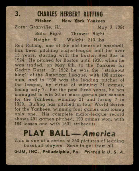 1939 Play Ball #003 Red Ruffing Yankees VG-EX/EX 558097