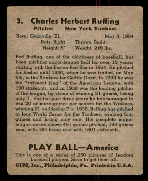 1939 Play Ball #003 Red Ruffing Yankees VG 558098