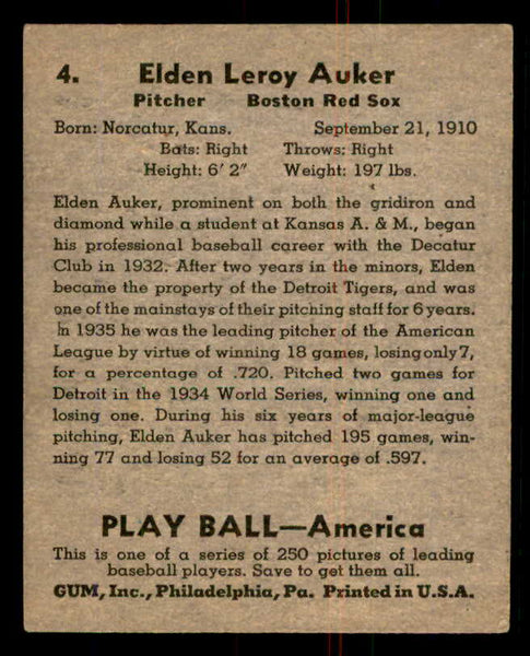1939 Play Ball #004 Elden Auker Red Sox EX 558099