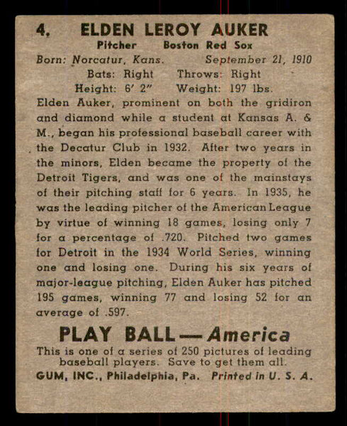 1939 Play Ball #004 Elden Auker Red Sox VG-EX 558100