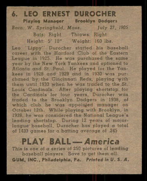 1939 Play Ball #006 Leo Durocher Dodgers EX 558104