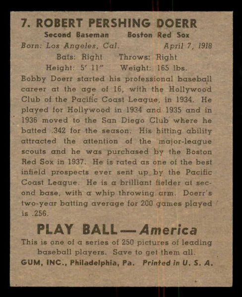 1939 Play Ball #007 Bobby Doerr Red Sox EX+ 558105