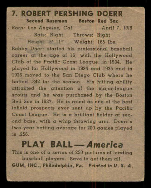 1939 Play Ball #007 Bobby Doerr Red Sox VG 558106