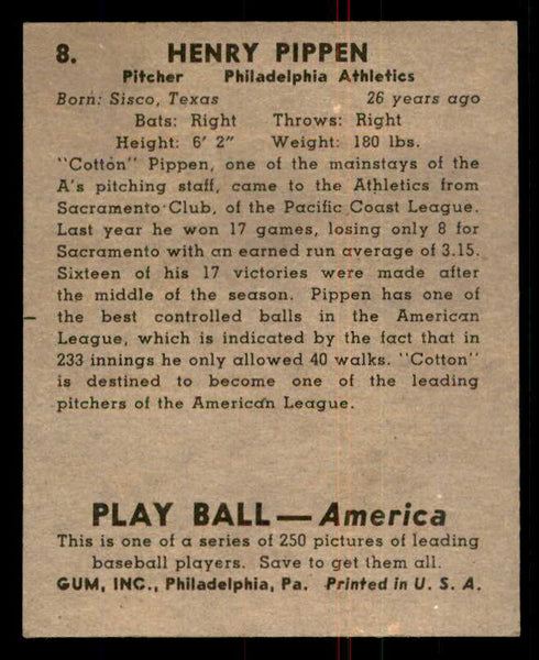 1939 Play Ball #008 Cotton Pippen A's EX 558107