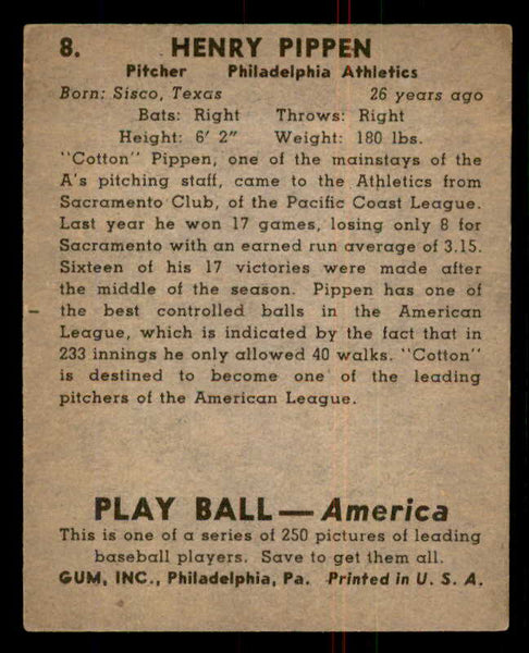 1939 Play Ball #008 Cotton Pippen A's VG-EX 558108