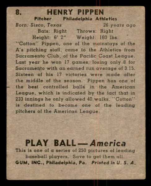 1939 Play Ball #008 Cotton Pippen A's VG-EX 558109