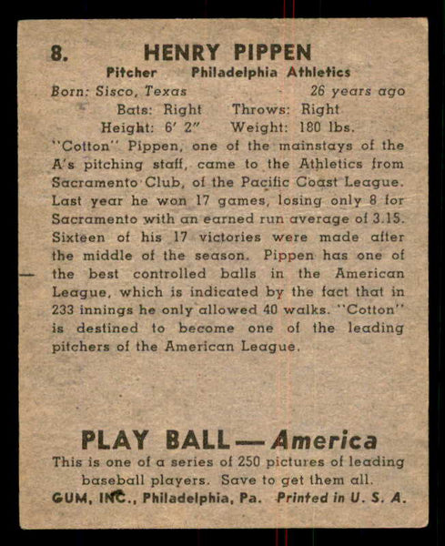 1939 Play Ball #008 Cotton Pippen A's VG 558110