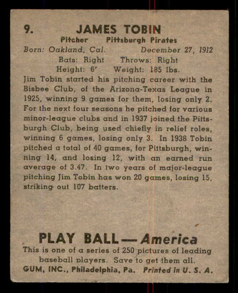 1939 Play Ball #009 Jim Tobin Pirates EX 558111