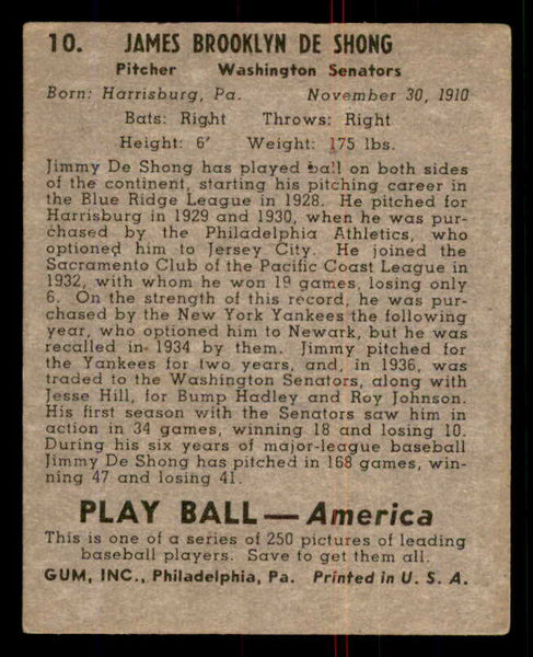 1939 Play Ball #010 Jimmy Deshong Senators VG-EX 558115