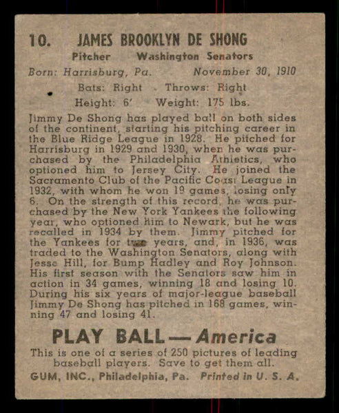 1939 Play Ball #010 Jimmy Deshong Senators VG-EX 558116