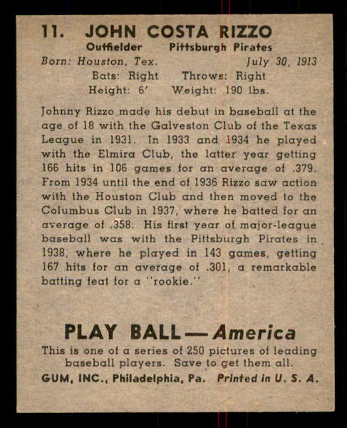 1939 Play Ball #011 Johnny Rizzo Pirates NR-MT 558117