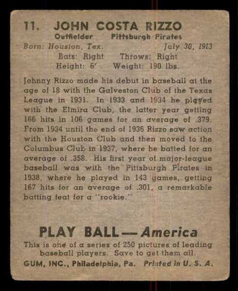 1939 Play Ball #011 Johnny Rizzo Pirates GD-VG 558118