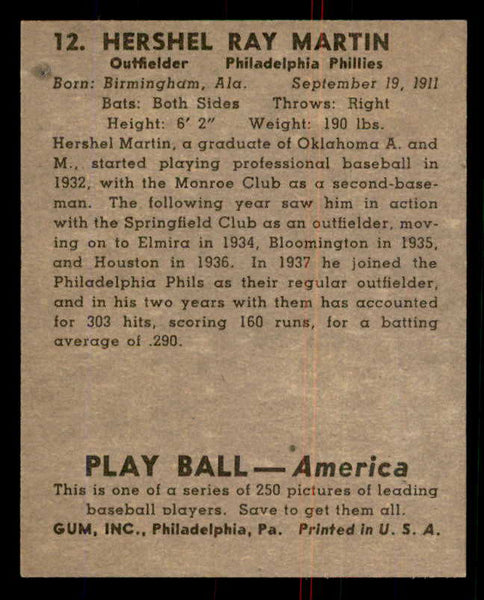1939 Play Ball #012 Hershel Martin Phillies EX-MT 558119