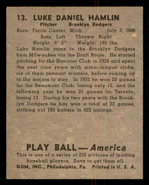 1939 Play Ball #013 Luke Hamlin Dodgers EX-MT 558122