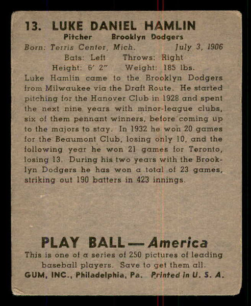 1939 Play Ball #013 Luke Hamlin Dodgers GD-VG 558123