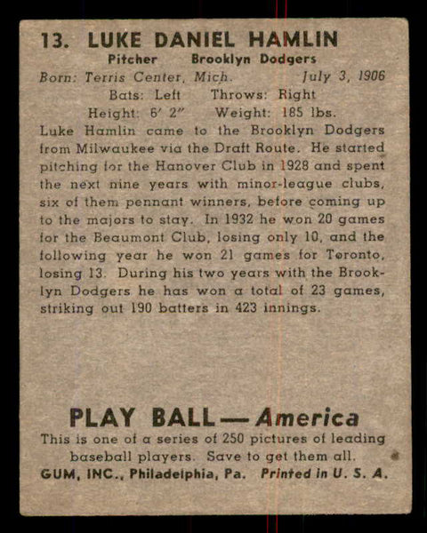 1939 Play Ball #013 Luke Hamlin Dodgers Good trimmed 558124