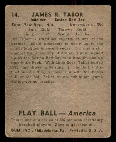 1939 Play Ball #014 Jim Tabor Red Sox Good 558126