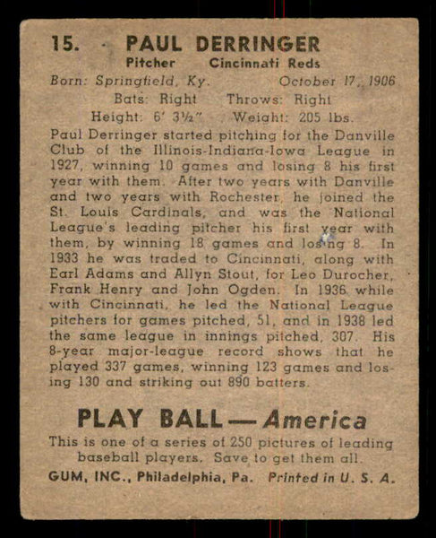 1939 Play Ball #015 Paul Derringer Reds EX-MT 558127