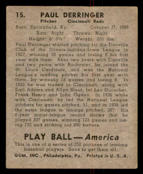 1939 Play Ball #015 Paul Derringer Reds VG-EX 558128
