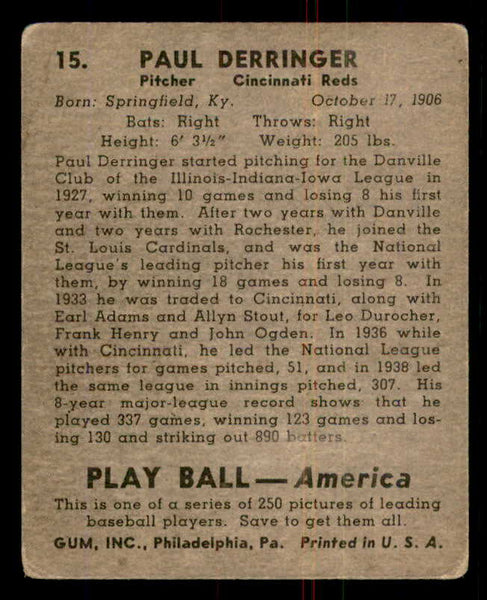 1939 Play Ball #015 Paul Derringer Reds Good 558129
