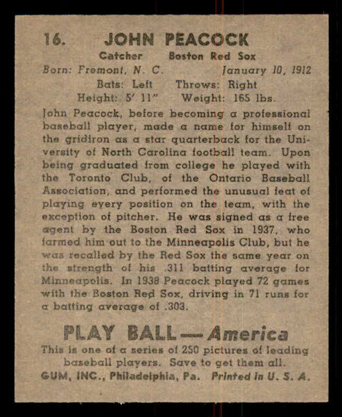 1939 Play Ball #016 John Peacock Red Sox NR-MT 558130