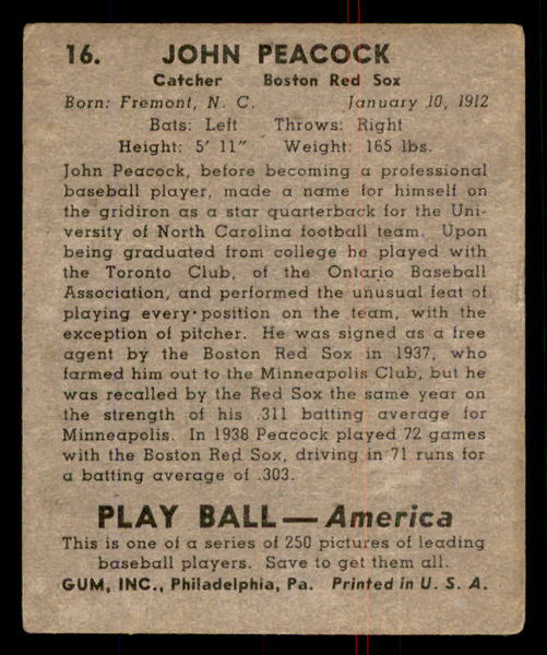 1939 Play Ball #016 John Peacock Red Sox VG 558131