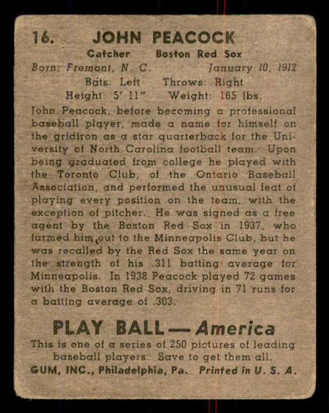 1939 Play Ball #016 John Peacock Red Sox Good 558132