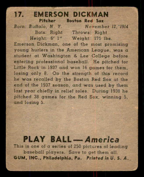 1939 Play Ball #017 Emerson Dickman Red Sox GD-VG 558134