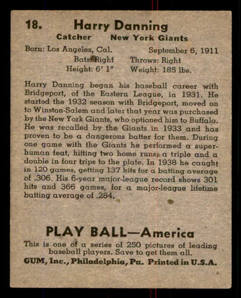 1939 Play Ball #018 Harry Danning Giants EX 558135