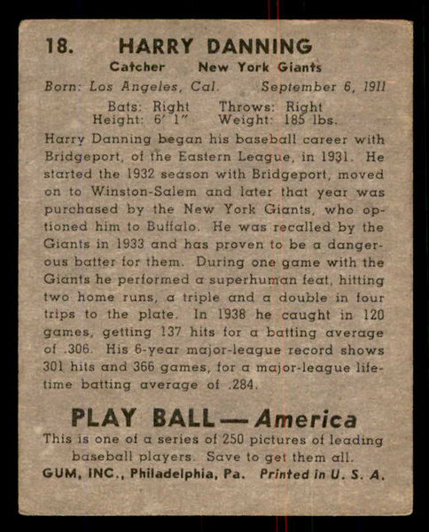 1939 Play Ball #018 Harry Danning Giants VG-EX 558136