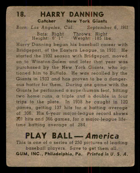 1939 Play Ball #018 Harry Danning Giants GD-VG 558137