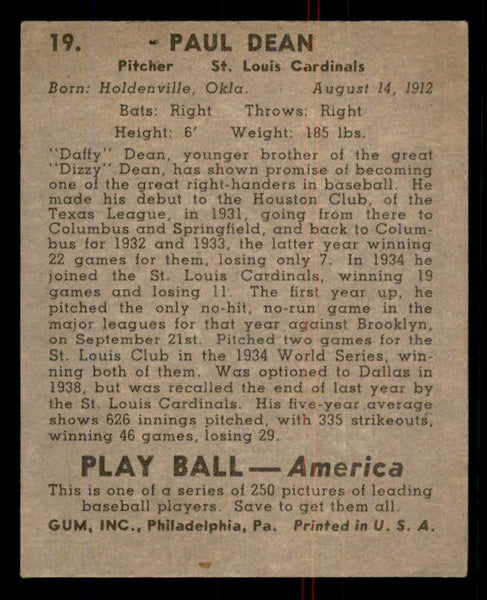 1939 Play Ball #019 Daffy Dean Cardinals VG-EX 558138