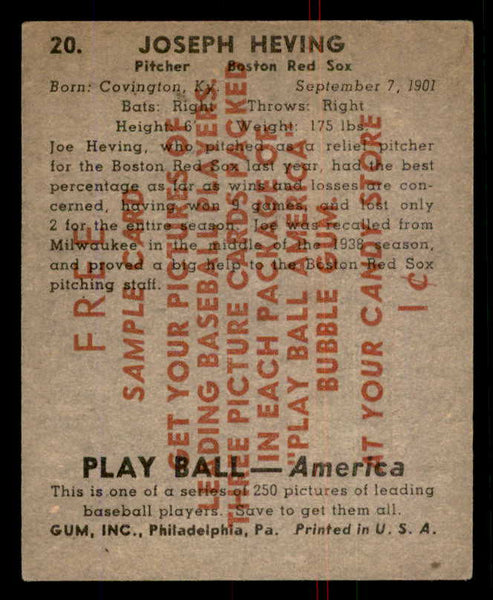 1939 Play Ball #020 Joe Heving Red Sox EX Sample 558139
