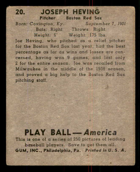 1939 Play Ball #020 Joe Heving Red Sox VG 558140