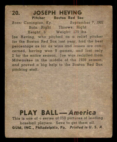 1939 Play Ball #020 Joe Heving Red Sox VG 558141