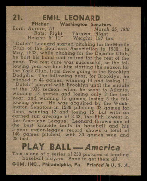 1939 Play Ball #021 Dutch Leonard Senators NR-MT 558142
