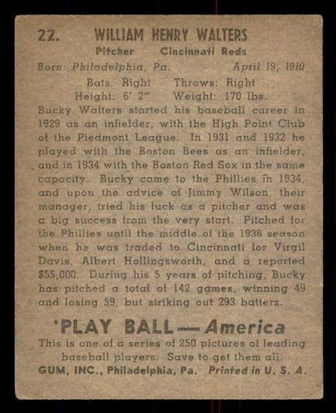 1939 Play Ball #022 Bucky Walters Reds EX 558143