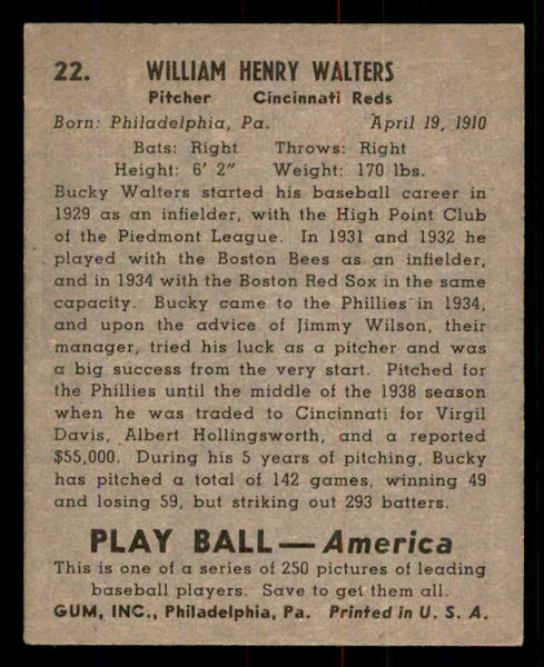 1939 Play Ball #022 Bucky Walters Reds EX 558144