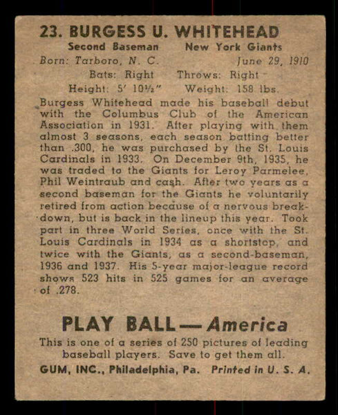 1939 Play Ball #023 Burgess Whitehead Giants EX 558145